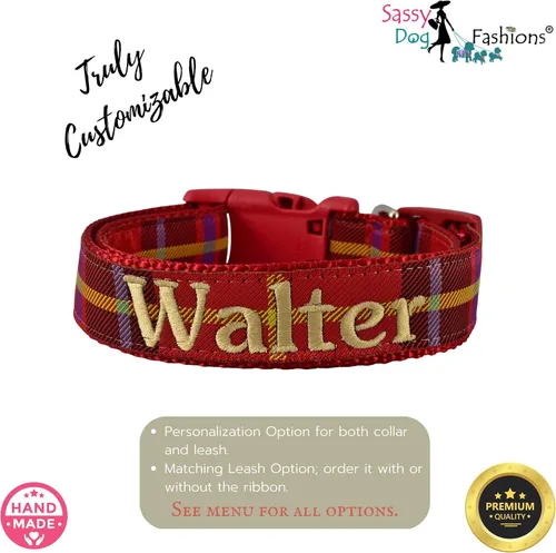 Miniatura 5 de Collar de perro bordado personalizado a cuadros, collares de tartán, nombres para perros pequeños, medianos y grandes
