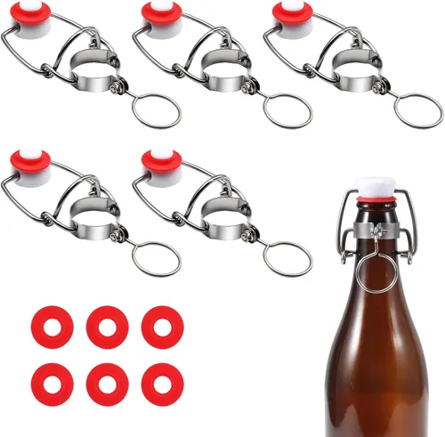 FERRODAY 6 tapas de botellas de vidrio con tapa abatible, tapas herméticas para botellas de cerveza con 6 juntas de silicona de repuesto, 0.709 in a