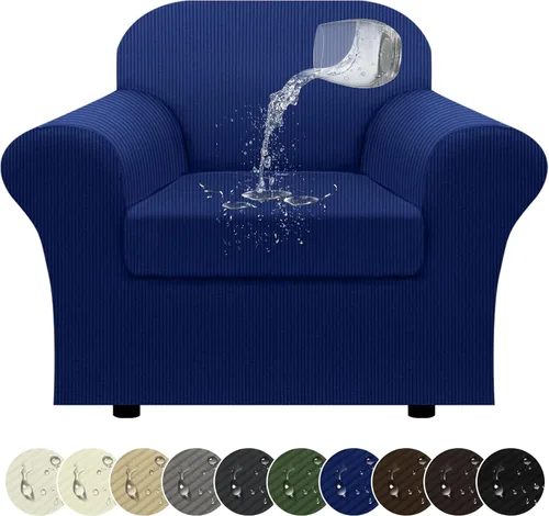 Miniatura 44 de Funda impermeable para silla con brazos, juego de 2 piezas, funda a rayas para 1 sofá separado con cojín en T, fundas de sillón de tela