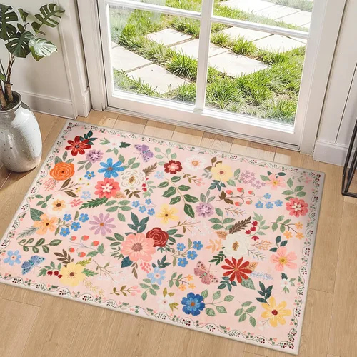 Alfombra de entrada de 2 x 3 pulgadas, diseño floral, lavable, vintage, suave, de pelo bajo, antideslizante, resistente a las manchas, para Beige