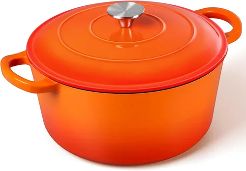 Miniatura 18 de P&P CHEF Horno holandés esmaltado de 5 cuartos de galón, olla holandesa de hierro fundido con tapa para hornear pan, olla esmaltada para asar, Caqui
