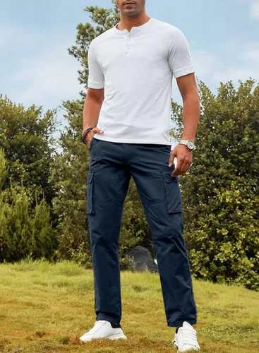 Miniatura 3 de JMIERR Pantalones cargo para hombre, casuales, de algodón, ajuste relajado, cintura elástica, ligeros, con múltiples bolsillos