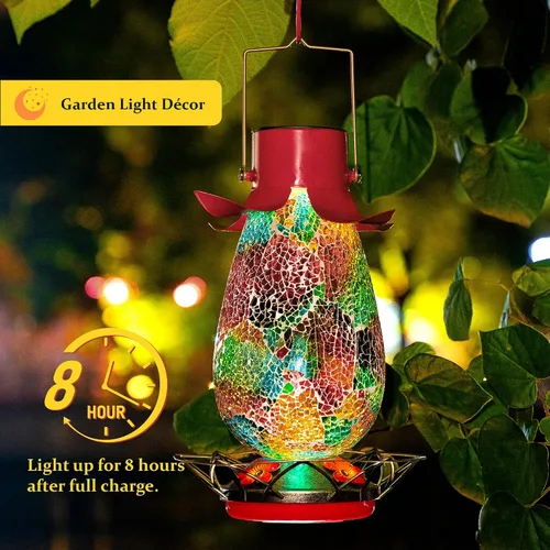 Miniatura 3 de Comedero solar LED para colibríes para exteriores, mosaico de vidrio multicolor, botella de néctar de colibrí colgante con 4 estaciones