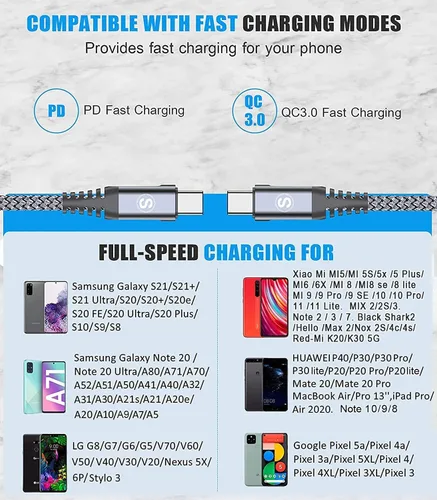 Miniatura 6 de sweguard Cable USB tipo C de 3.1A de carga rápida [2 unidades, 10 pies + 6.6 pies], cargador USB-A a USB-C, cable trenzado de nailon para Samsung