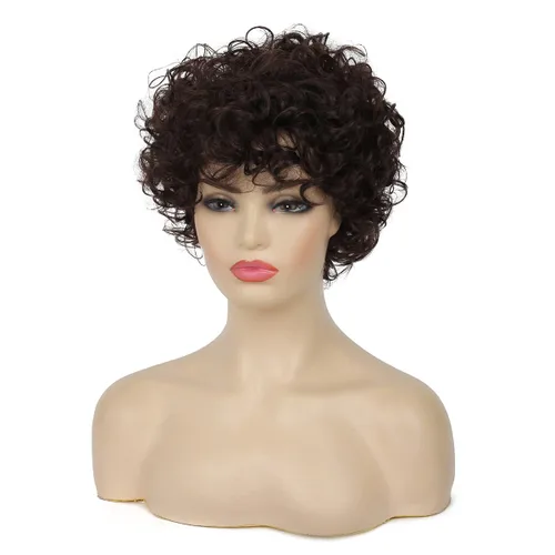 Miniatura 3 de Pelucas cortas y rizadas marrones para mujer, aspecto natural, peluca de pelo sintético marrón para cosplay