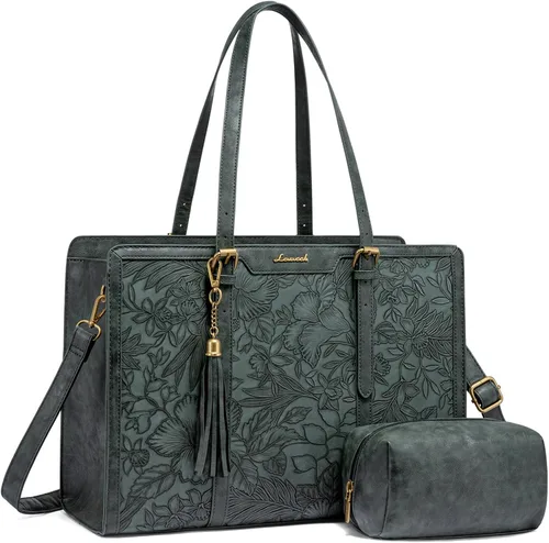 Miniatura 23 de LOVEVOOK Bolsa de mano para laptop para mujer, bolsa de trabajo vintage de 15.6 pulgadas con embrague, bolso grande de cuero para laptop con soporte