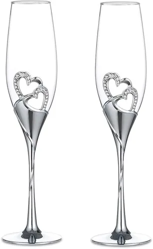 Sziqiqi Juego de 2 copas de champán para boda, copas de flauta de tostado, con diamantes de imitación, decoración de corazones para bodas, Plata con