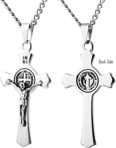 Miniatura 2 de HZMAN Religión Acero Inoxidable Saint St. Benedict Crucifijo Cruz Colgante Collar INRI