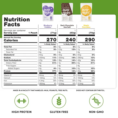Miniatura 3 de Oats Overnight - Avena a base de plantas, de primera calidad, alta contenido de proteínas, baja en azúcar, sin gluten (2.6 oz por paquete)