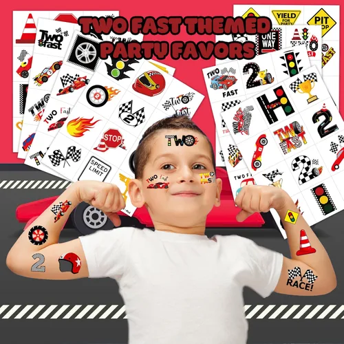 Miniatura 2 de 96 piezas de dos tatuajes temporales rápidos para niños, recuerdos de fiesta de segundo cumpleaños, suministros de decoración de carreras a cuadros