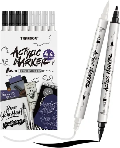 Miniatura 9 de TRANSON Juego de rotuladores de pintura acrílica de doble punta fina y brocha de 12 colores para lienzo, roca, madera, cuero, cerámica, pintura DIY