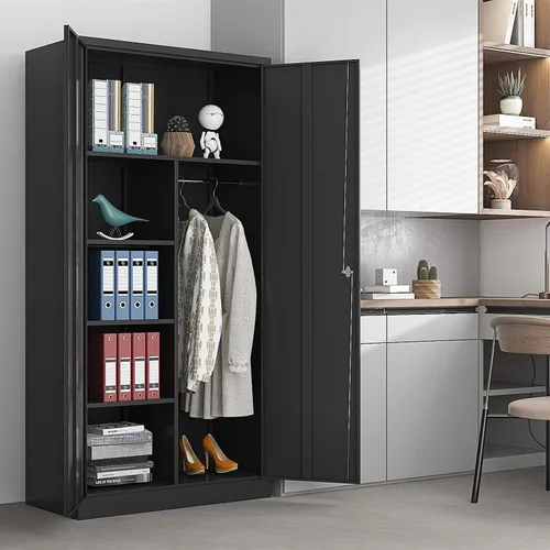Miniatura 2 de Yizosh Armario de metal para colgar ropa con puertas de cerradura, armario de acero con cerradura de 72 pulgadas, organizador de ropa para Negro