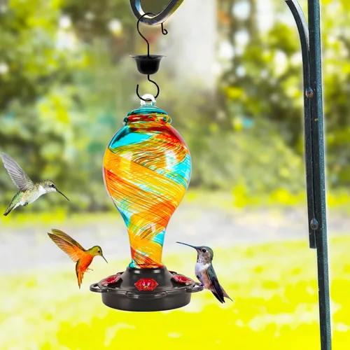 Miniatura 2 de LUJII Comedero para colibríes de vidrio soplado a mano para colgar al aire libre con foso de hormigas, 25 onzas líquidas, a prueba de fugas y a