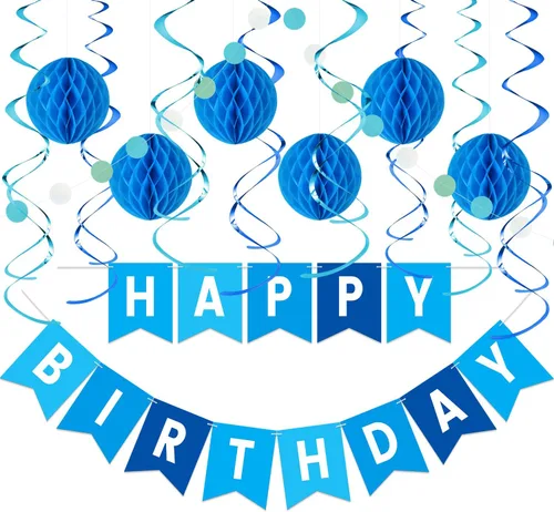 Miniatura 14 de Kit de decoraciones de cumpleaños pastel - Set de 17 piezas con pancarta de feliz cumpleaños pre-hilada, bolas de panal, guirnalda y remolinos