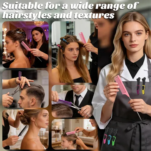 Miniatura 7 de Peines de cola de rata y separación con clips de peinado: 3 peines de metal para trenzas, 7 pinzas profesionales para seccionamiento