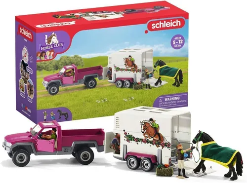 Schleich Horse Club - Juego de 38 piezas de remolque y transportador de camión con figuras realistas de caballos y jinetes y accesorios - Juguetes