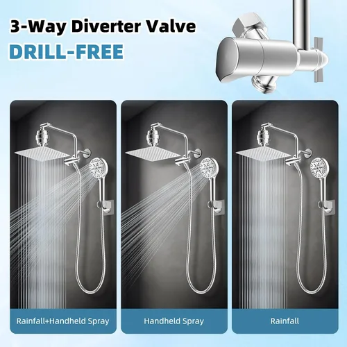 Miniatura 6 de Cabezal de ducha filtrado, 10 pulgadas de alta presión con 10 pulverizadores, cabezal de ducha de mano/lluvia con filtro de ducha de 20 etapas, Cromo