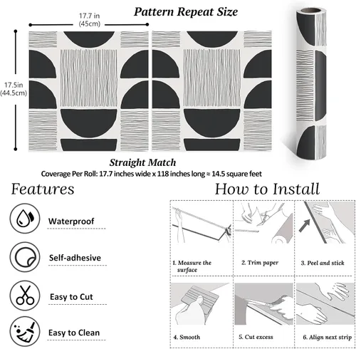 Miniatura 8 de VEELIKE Papel tapiz moderno de mediados de siglo en blanco y negro, papel tapiz geométrico abstracto para dormitorio, baño, 17.7 x 118 pulgadas
