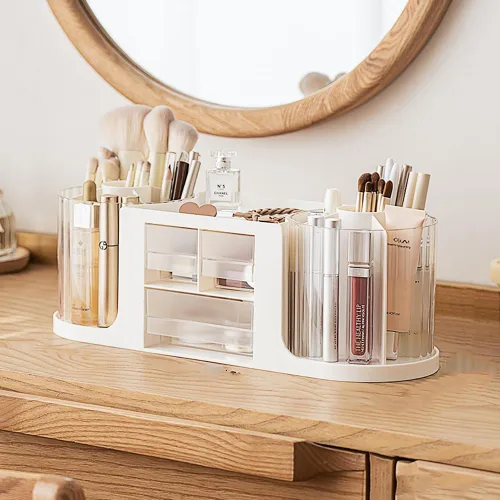 Miniatura 7 de Vaso giratorio de 360 grados para brochas de maquillaje, lindo organizador de brochas rosa, soporte extraíble de 7 ranuras giratorio para brochas