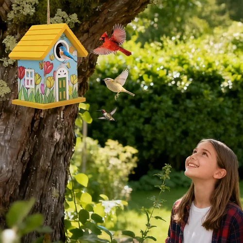 Miniatura 5 de Casas de madera para pájaros para exteriores, casa de pájaros de madera amarilla para exteriores, tulipanes pintados a mano, casas de pájaros
