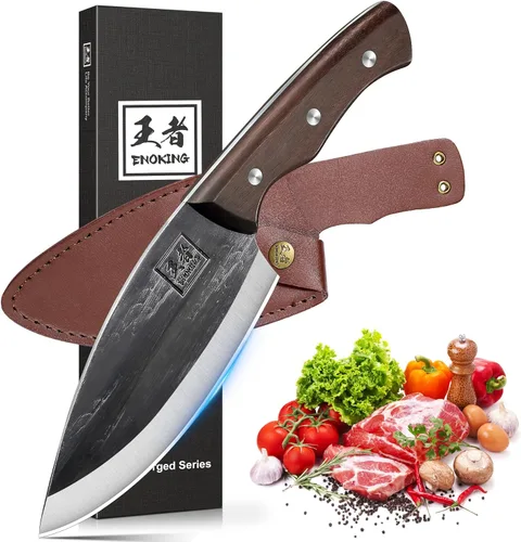Miniatura 12 de ENOKING Cuchillo de carnicero de 5.7 pulgadas, cuchillo forjado a mano resistente para huesos con mango de madera, cuchillo de carnicero de espiga