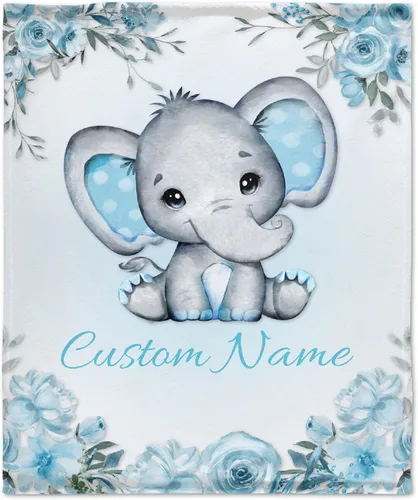 Manta personalizada de elefante azul floral con nombre para niñas, manta con nombre personalizado para niños pequeños, regalos personalizados para