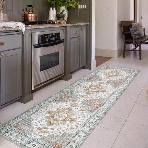 Miniatura 31 de Moynesa Alfombra de pasillo ultra fina lavable de 2 x 6 pies, antideslizante, resistente a las manchas, alfombra vintage que no desprende para Gris