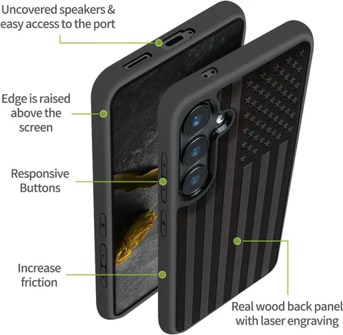 Miniatura 6 de Carveit Funda de madera para Galaxy S24 - Madera natural y TPU negro suave, cubierta protectora a prueba de golpes, diseño de madera único Bandera