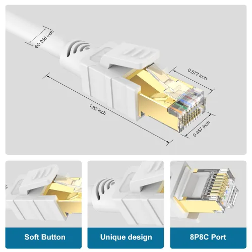 Miniatura 4 de Cable Ethernet Cat8 de 30 pies, color blanco, cable de conexión a Internet LAN RJ45 de alta velocidad, 40 Gbps 2000 Mhz más rápido que