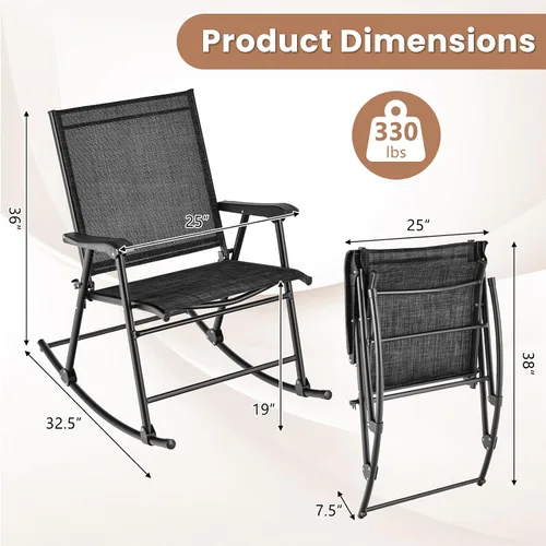 Miniatura 3 de Tangkula Juego de 2 mecedoras plegables para patio con tela de asiento transpirable y marco de metal resistente, movimiento mecedor suave, balancín