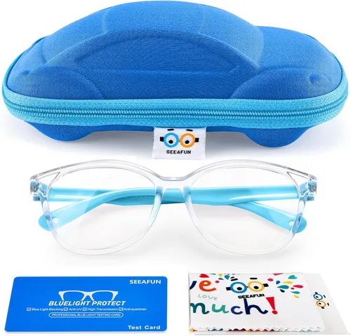 Miniatura 13 de Gafas de luz azul para niños y niñas con bonita funda de automóvil, protección UV400, antirayos azules, edades de 3 a 12 años Azul transparente