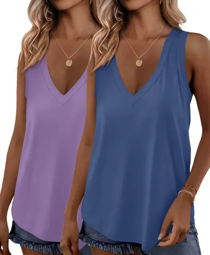 Miniatura 18 de KKJ Paquete de 2 camisetas sin mangas para mujer, cuello en V, camisetas de verano sin mangas, ajuste holgado, casual, trajes de vacaciones, camisas