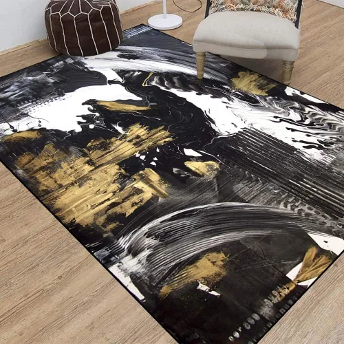 Miniatura 4 de TOMWISH - Alfombra abstracta pintada a mano en blanco y negro con pintura dorada, sala de estar, dormitorio, decoración de suelo, alfombra