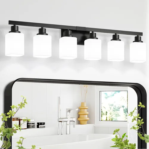 Miniatura 21 de Juego de 2 apliques de pared para baño, lámpara de tocador de baño negra, apliques de pared modernos para interiores con vidrio esmerilado cuadrado
