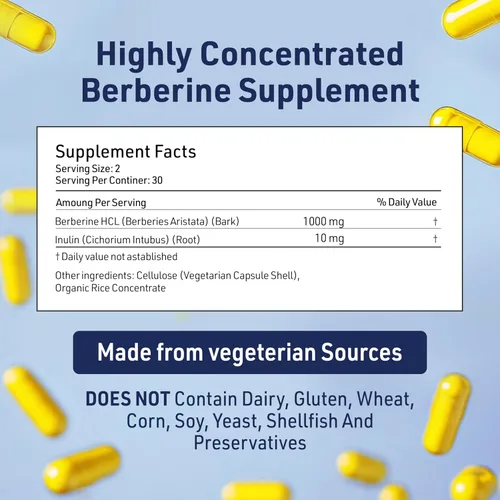 Miniatura 3 de Complejo de suplemento de berberina de 1000 mg con prebiótico de inulina - Berberina HCL 500 mg por cápsula - Suplemento de berberina formulado por