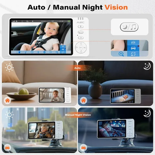 Miniatura 3 de A2C Cámara inalámbrica para automóvil de bebé, monitor de bebé alimentado por USB para asiento trasero y hogar, pantalla