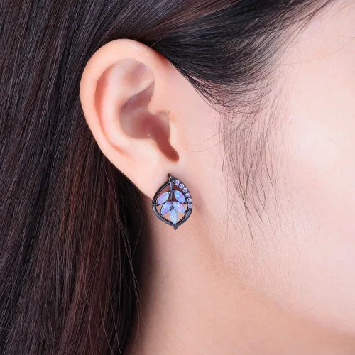 Miniatura 4 de Aretes de ópalo para mujer, chapados en oro de 18 quilates, flores, hoja, árbol de la vida, estrella de luna, universo, ópalo, joyería, aniversario