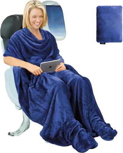 Miniatura 14 de Tirrinia Manta de viaje para avión, oficina, Poncho 4 en 1, manta portátil de forro polar acogedora de primera calidad con bolsa incorporada