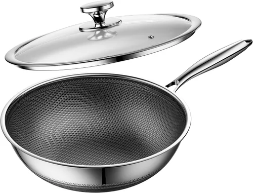 Wok, Wok híbrido de 12 pulgadas con tapa, woks antiadherentes de acero inoxidable y sartenes para freír, apto para lavavajillas, sin PFAS PFOA PTFE,