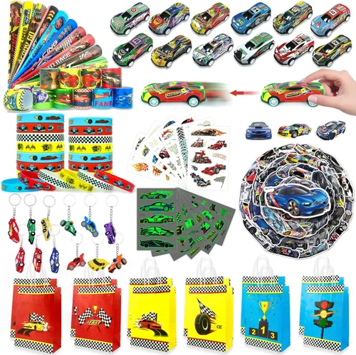 Recuerdos de fiesta de coche de carreras, 110 piezas, con temática de automóvil, suministros para fiesta de cumpleaños, incluye pulseras, llaveros