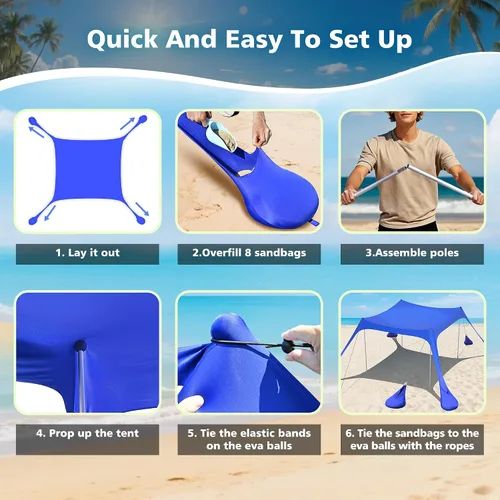 Miniatura 6 de 2PM SPORTS Toldo de Carpa de Playa con Protección UV UPF50+, Refugio Grande de Sombra Solar para Exteriores para Picnic Familiar, Camping, Viajes