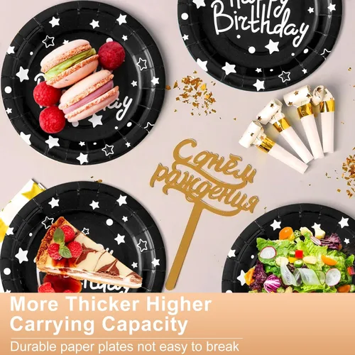 Miniatura 5 de Platos de papel de fiesta de feliz cumpleaños, platos de postre negros, 7 pulgadas, 50 unidades, lunares de aluminio para decoraciones de fiesta