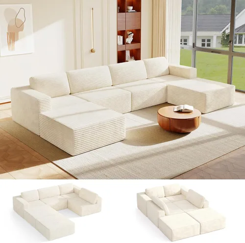 Miniatura 24 de Vesgantti Sofá modular en forma de U de 119 pulgadas, sofá modular de pana con asiento profundo y soporte de resortes, sofá convertible con 2 Beige