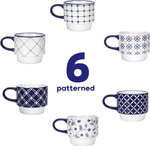 Miniatura 9 de Schliersee Juego de 6 tazas de café de cerámica apilables de 12 oz, taza pequeña con patrón geométrico floral, taza de café de porcelana azul