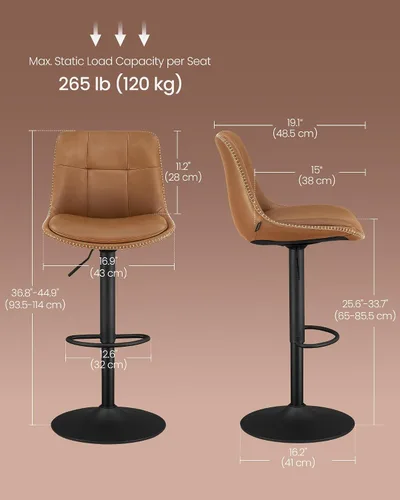 Miniatura 3 de VASAGLE Taburetes de bar, juego de 2 sillas de bar giratorias, altura ajustable, acolchado, taburetes de cocina de cuero sintético con respaldo