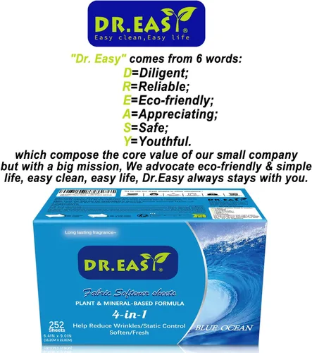 Miniatura 5 de DR.EASY - Hojas de secado a base de plantas, fórmula de 252 unidades, azul océano, hojas suavizantes para lavandería, sin perfume, sin colorantes