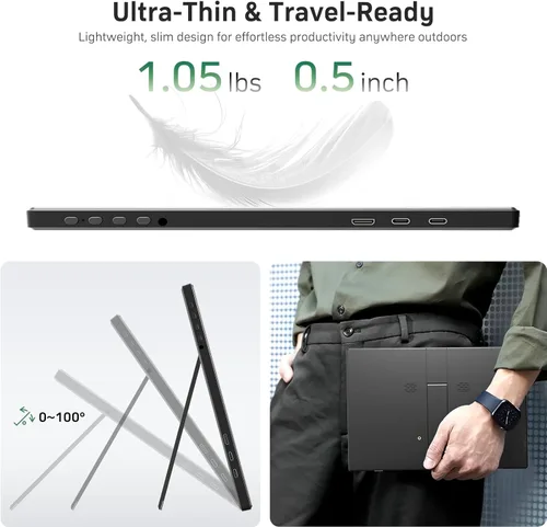 Miniatura 7 de KQC Monitor portátil de 14 pulgadas FHD 1200P, pantalla externa ultrafina USB-C HDMI Plug & Play, altavoces duales 100% sRGB, monitor de portátil