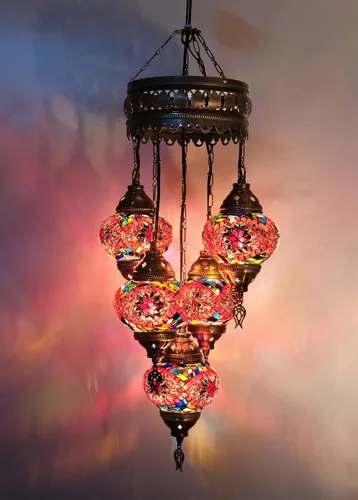 Miniatura 6 de Asylove Candelabros turcos de 5 globos, lámpara colgante de mosaico, iluminación de techo marroquí Art Deco de 5 globos, 5 pulgadas de altura total
