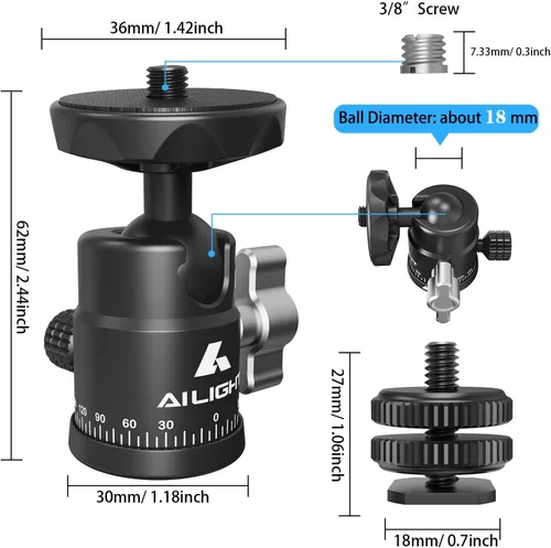 Miniatura 7 de Ailight Mini cabeza de bola, cabezal de trípode panorámico de 360°, adaptador de tornillo universal de 1/4 a 3/8 pulgadas, soporte de trípode
