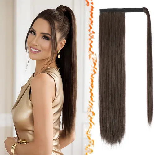 Miniatura 16 de BARSDAR Extensión de cola de caballo de 28 pulgadas largo recto envoltura alrededor del clip en pelo de fibra sintética para mujeres, negro